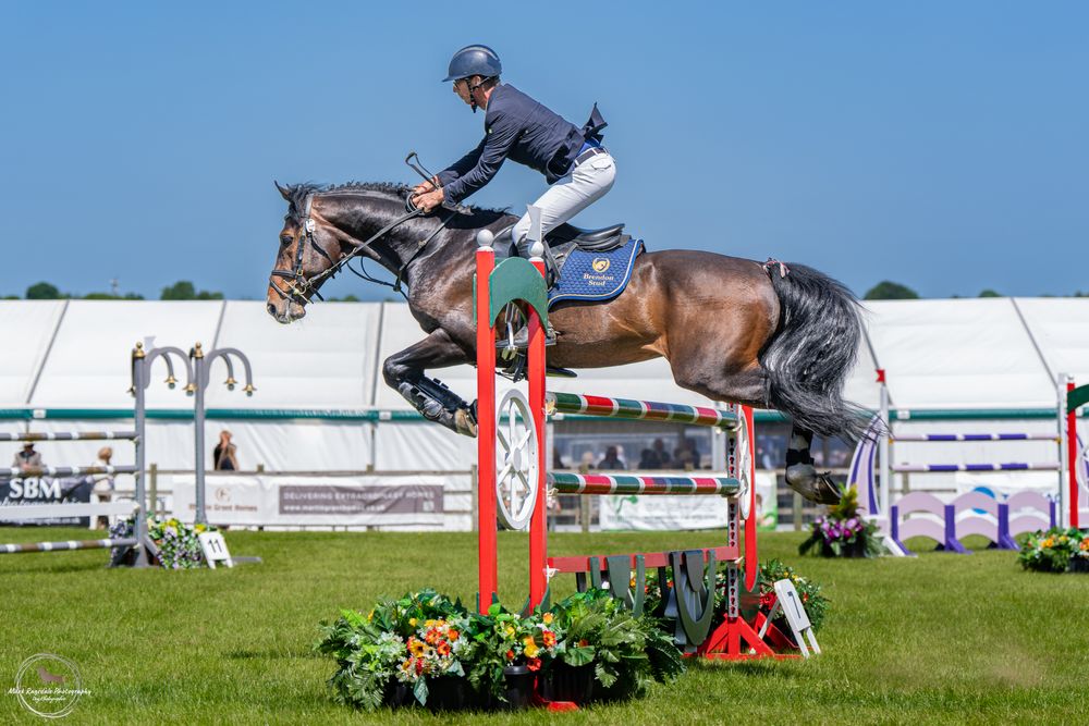 An equestrian and horse clearing a red show jumping fence during a competition on grass.