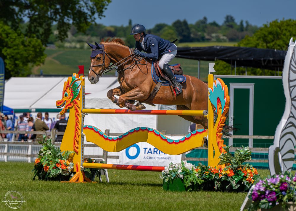 Show jumper clearing colorful obstacle with turquoise sponsorship banners at outdoor event.