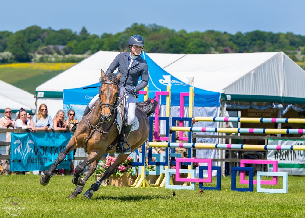 Equestrian competitor navigating jump course at outdoor horse show.