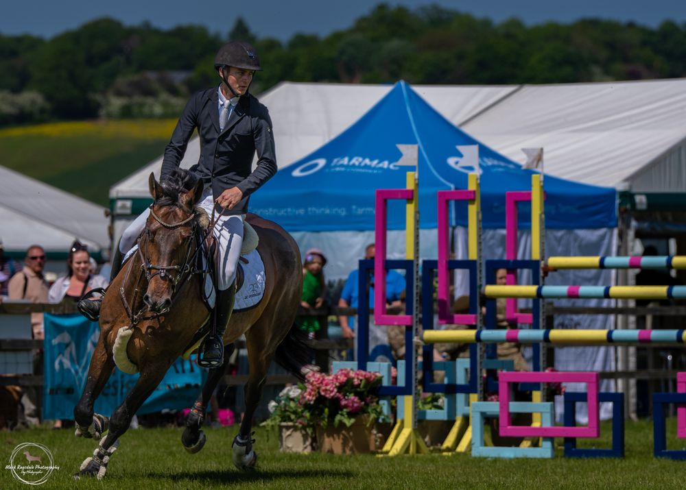 Show jumper approaching colorful obstacle course during equestrian event.
