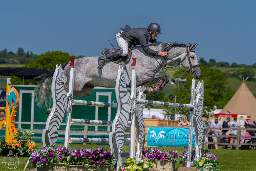 Horse and rider jumping over decorated zebra-striped obstacle at outdoor equestrian event.
