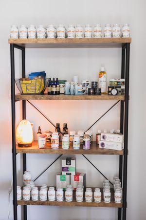 Maple Valley, WA Acupuncture shelf of recommended supplements for clients lifestyle product photo
