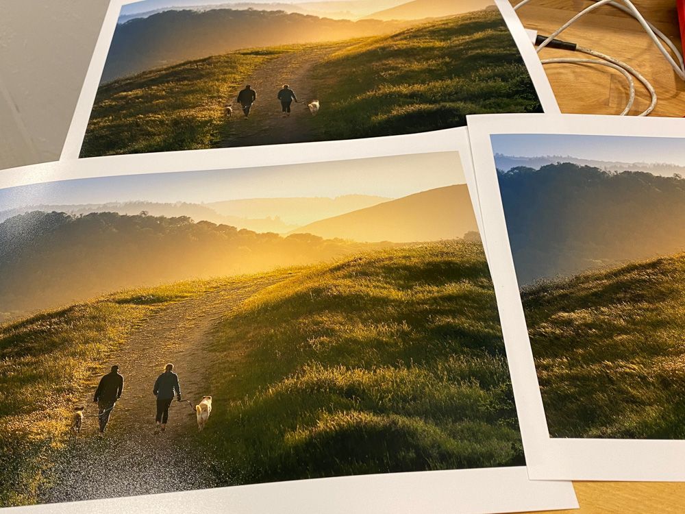 Scenic photographs of hikers on mountain trail during golden hour sunset.