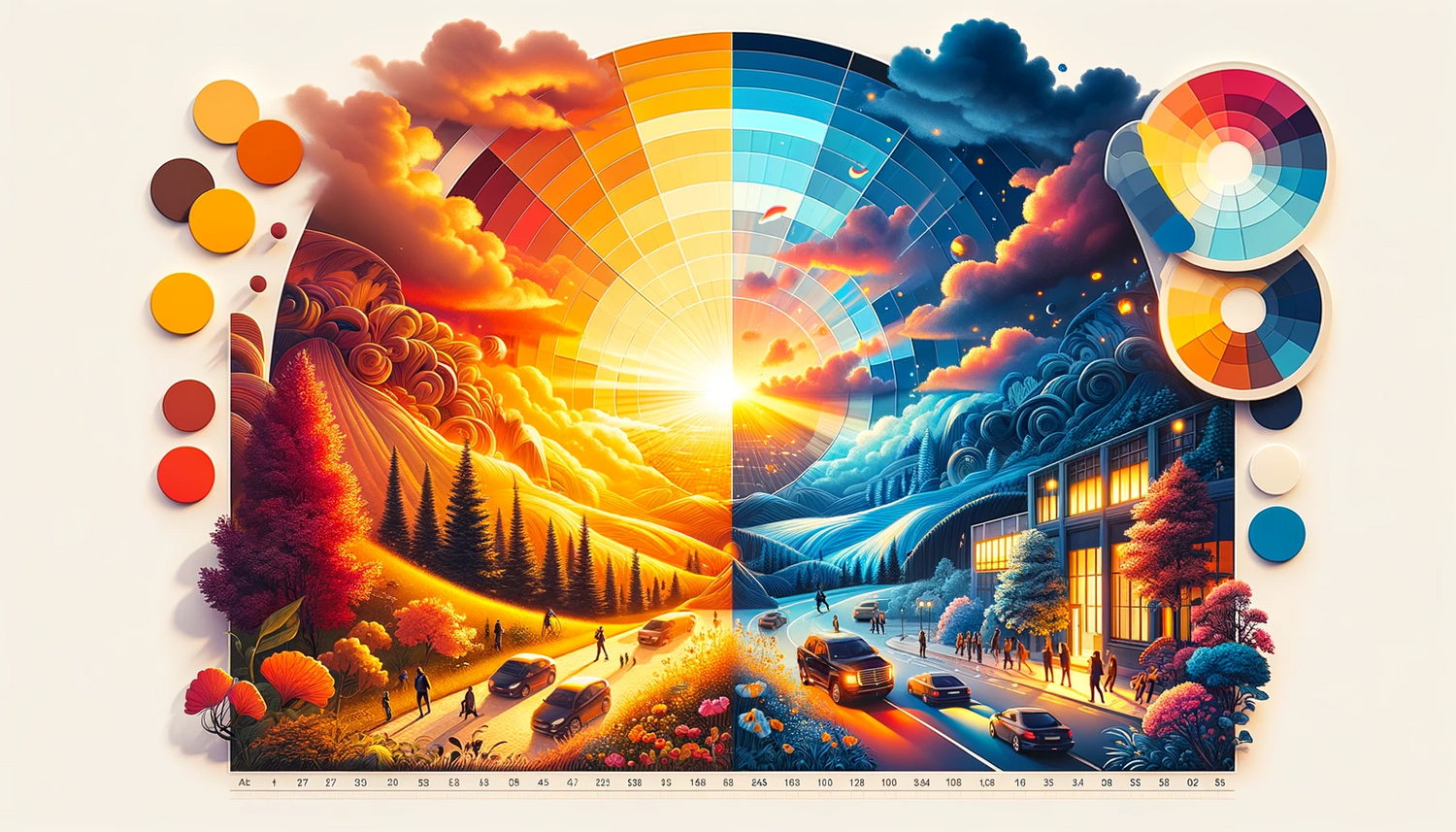 Split illustration contrasting vibrant daytime mountain landscape with starry nighttime scene featuring geometric shapes.