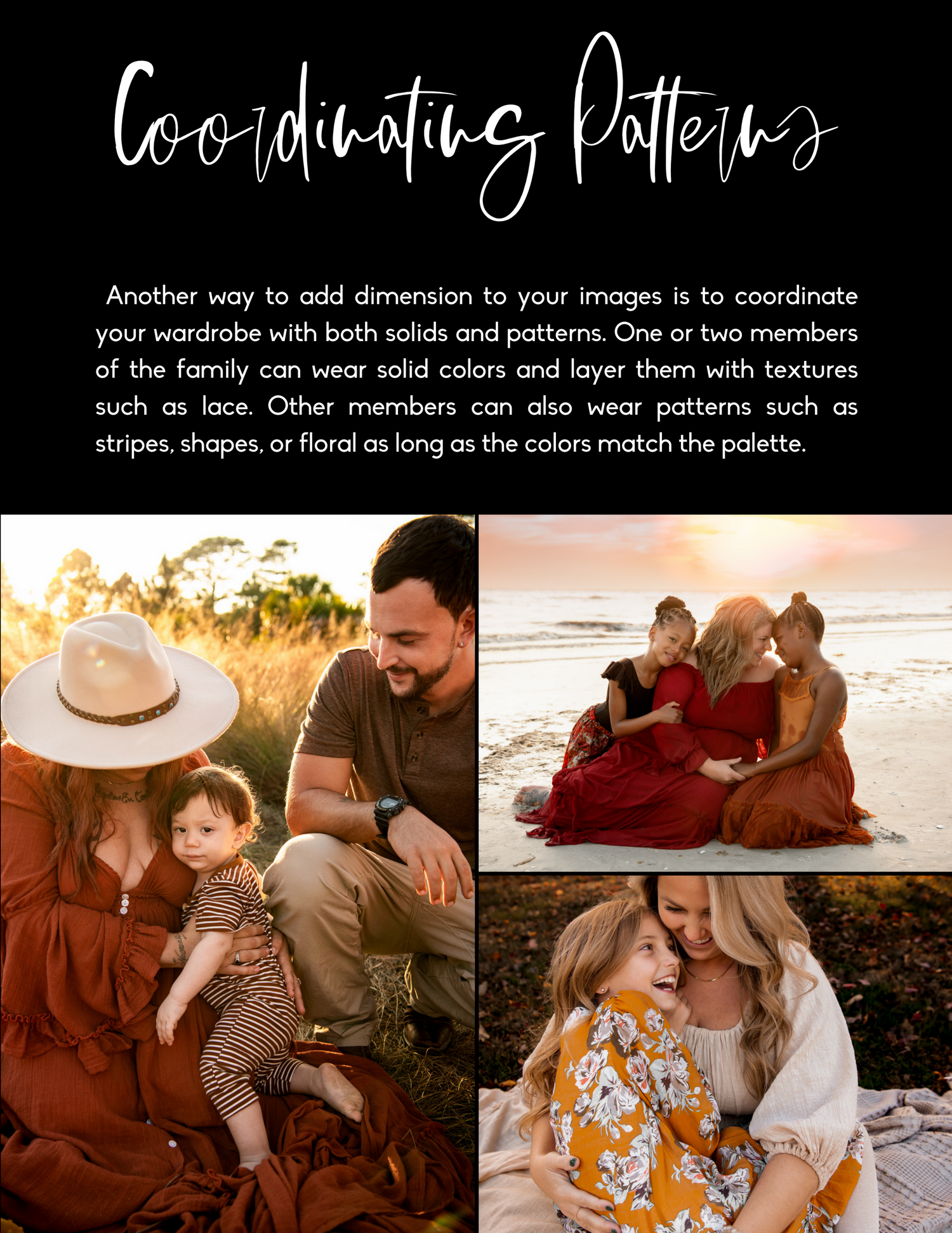 Photography wardrobe guide showing coordinating patterns with family photos in warm earth-tone outfits.