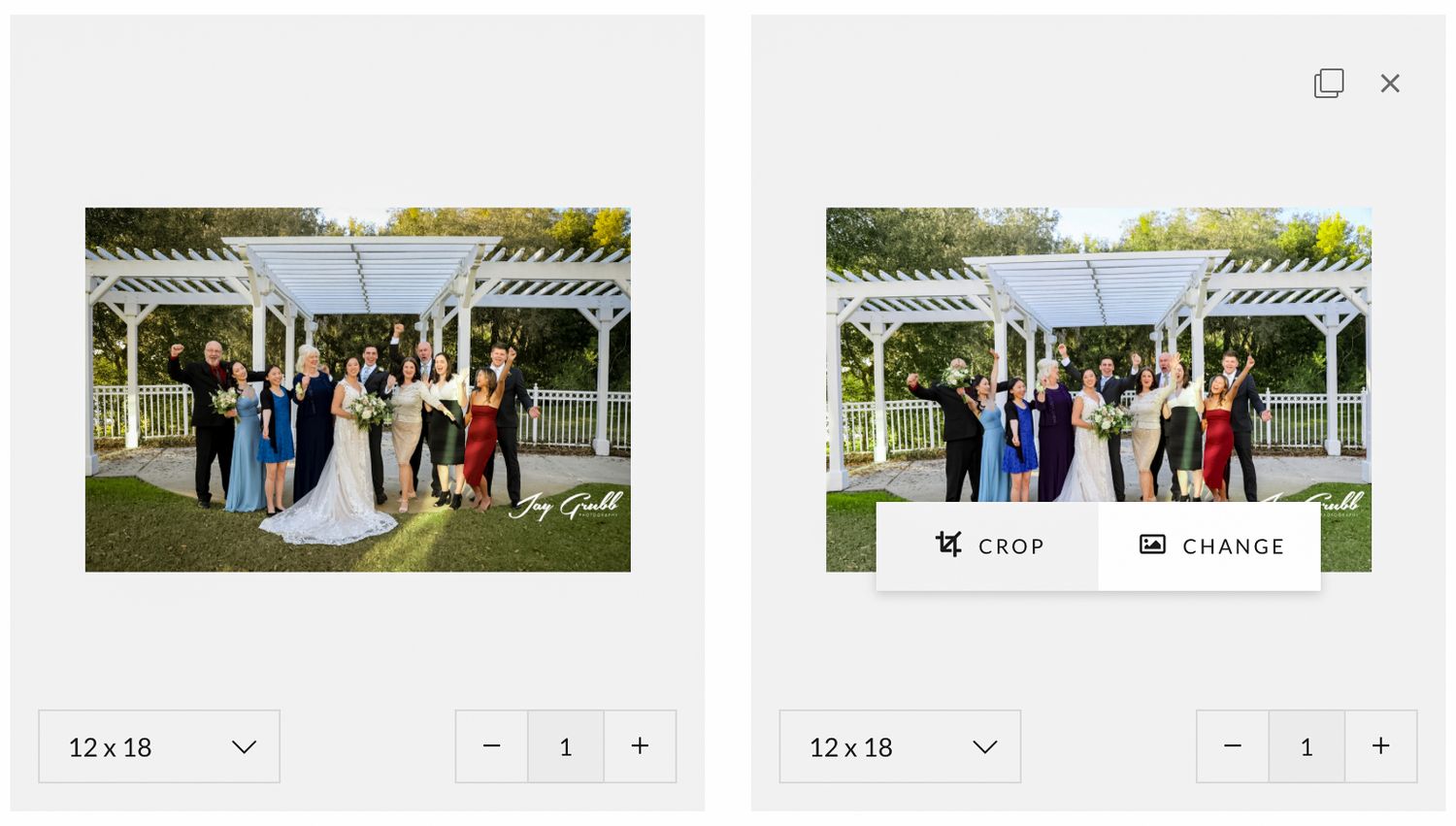 Two side-by-side editing interface panels showing a wedding group photo taken in front of a white gazebo outdoors.