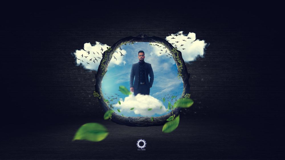 A man riding a cloud and coming off a portal in a majestic way