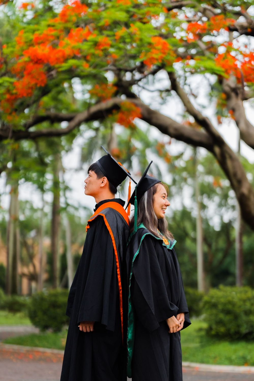 Graduates pose back-to-back under flowering orange trees in academic regalia.