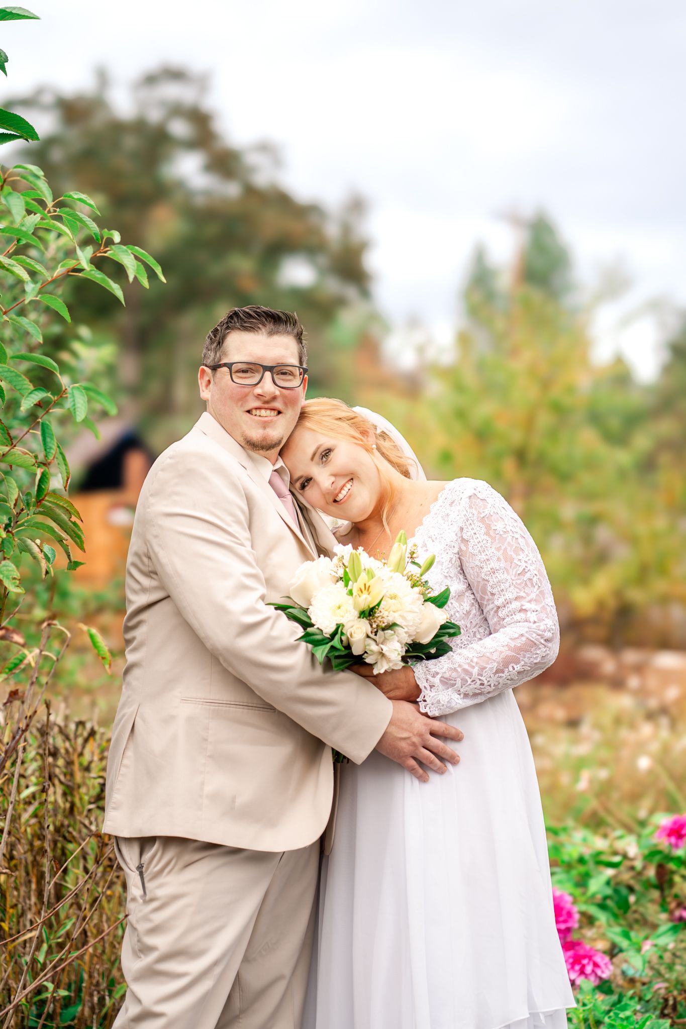 bride and groom in the garden