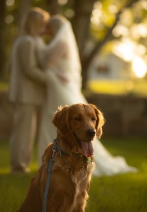 Golden retriever with blue leash poses in warm evening sunlight with bokeh backdrop.