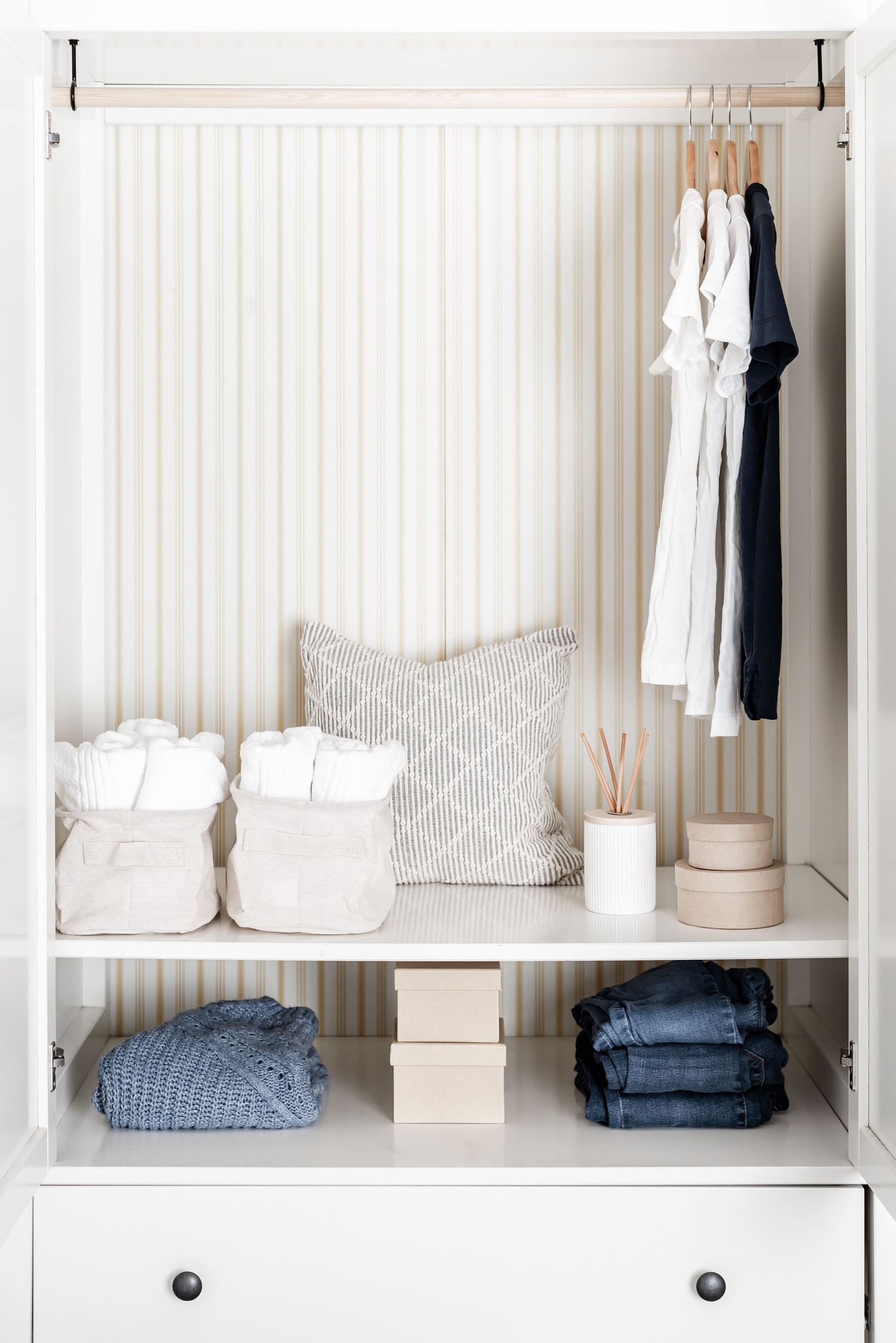 fresh, blues, whites, spring clean, tidy wardrobe, organisation stock photos