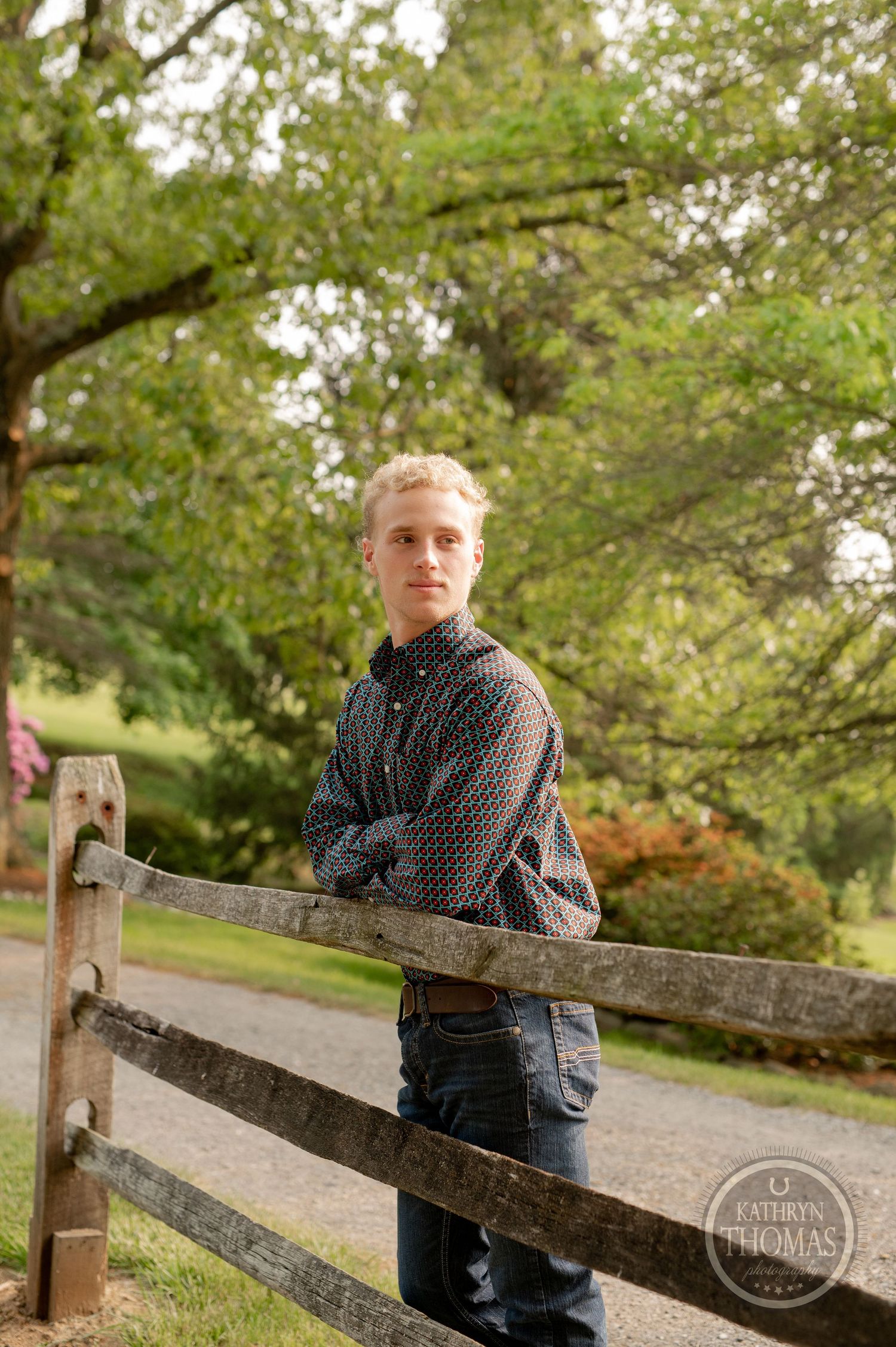 Leaning against wooden split-rail fence with autumn trees creating natural backdrop.