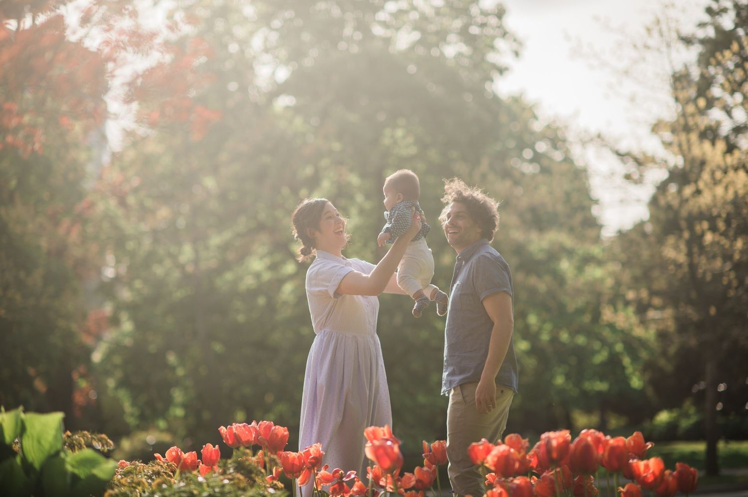 A family moment captured in a garden with blooming orange tulips during golden hour.