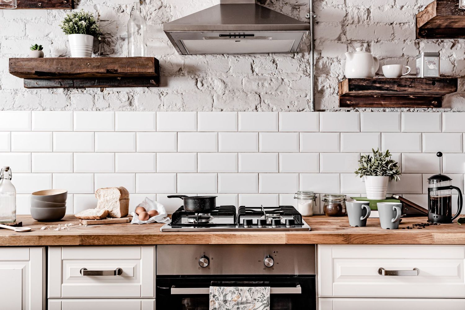 farmhouse kitchen with breakfast food on the side. quirky, inviting, warm, cosy holiday let photos