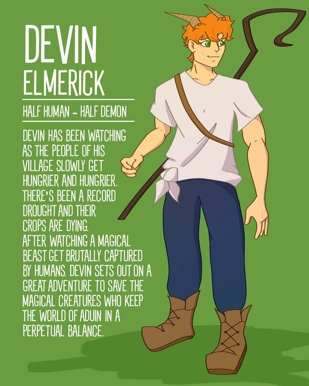 An illustration of a young man with demon horns. He is wearing a white shirt, and has a sheep herding staff on his back.