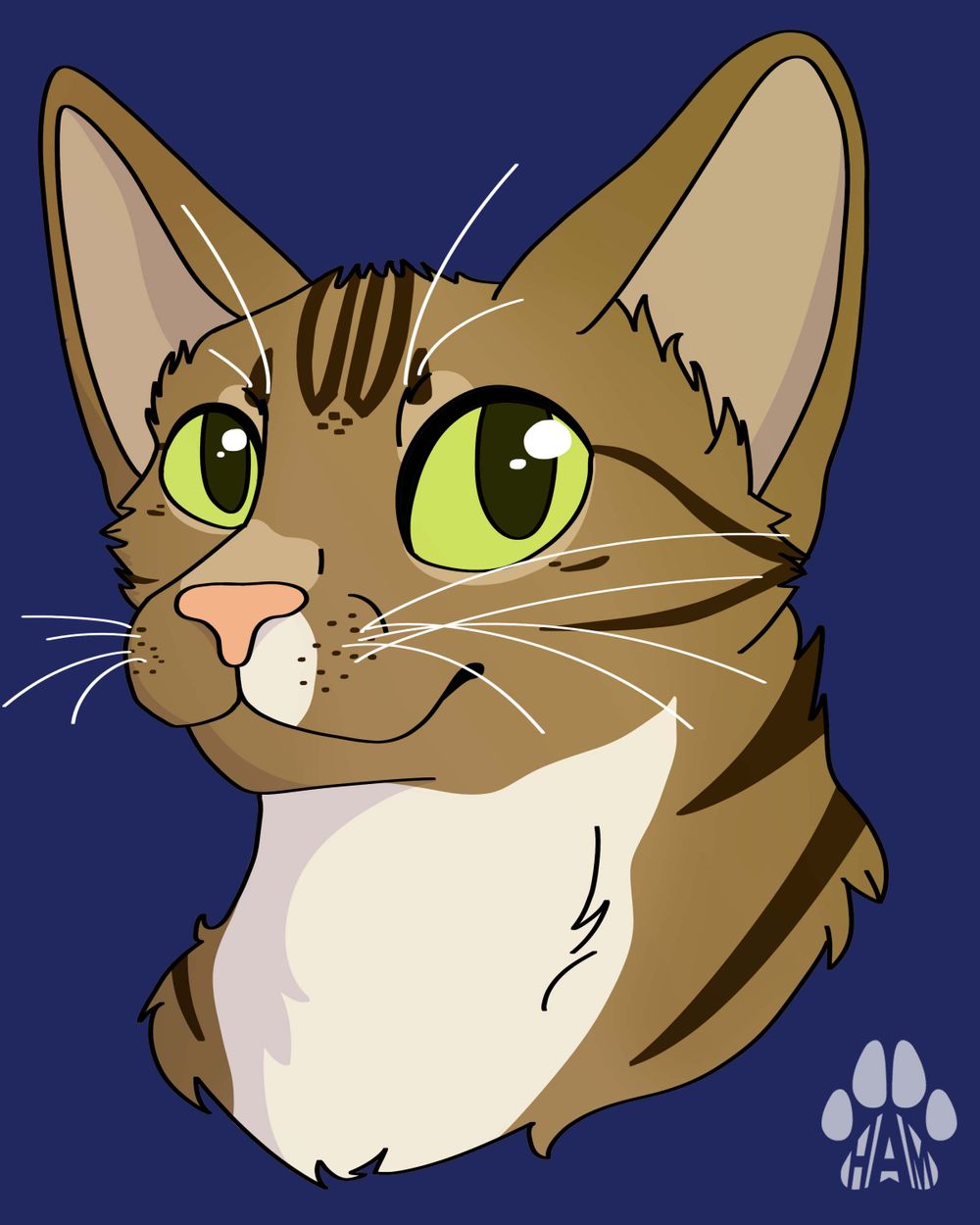 An illustration of a brown tabby cat with green eyes looking towards the left