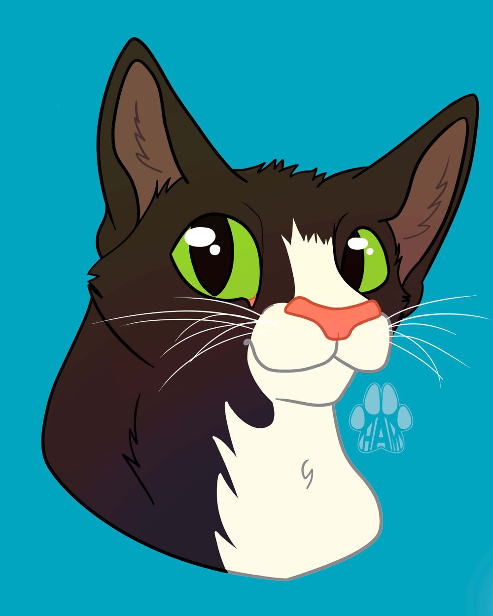 An illustration of a black and white cat with green eyes facing the right
