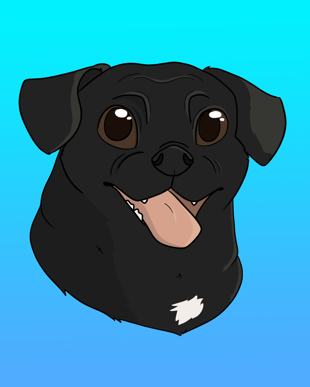 An illustration of a black pug big brown eyes, her mouth is open and her tongue is sticking out.
