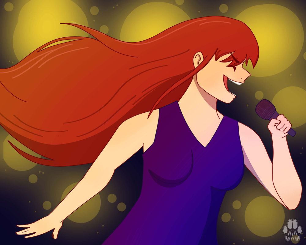An illustration of a young woman with long red hair and a purple dress singing into a microphone