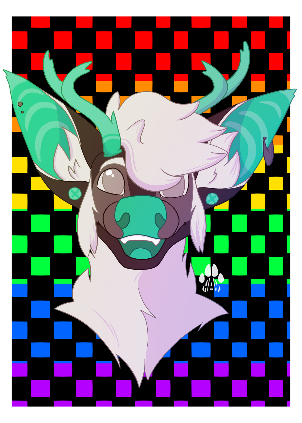 An illustration of a deer-like creature with green horns and ears. With a rainbow checkered background