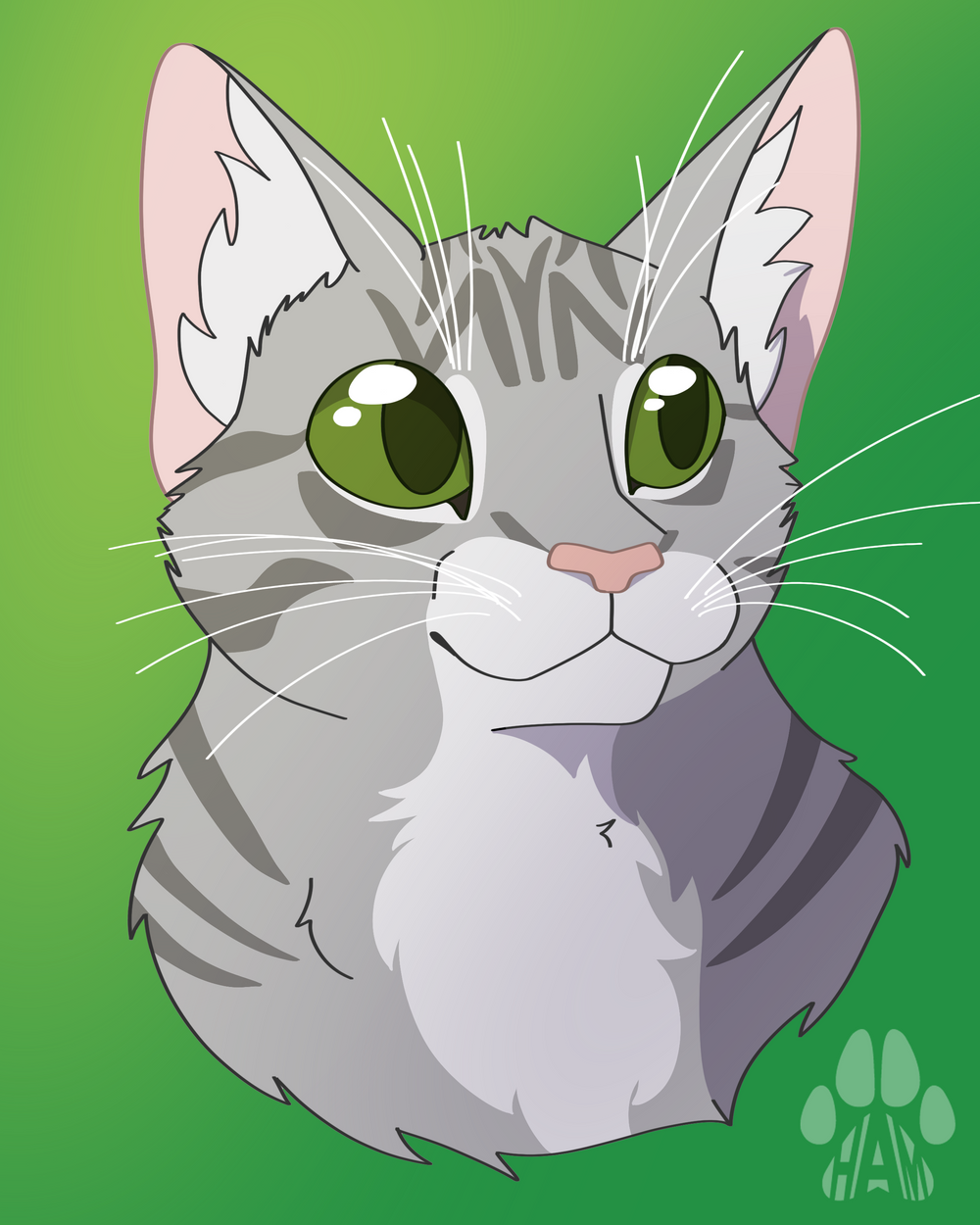 An illustration of a grey tabby cat with green eyes looking to the right