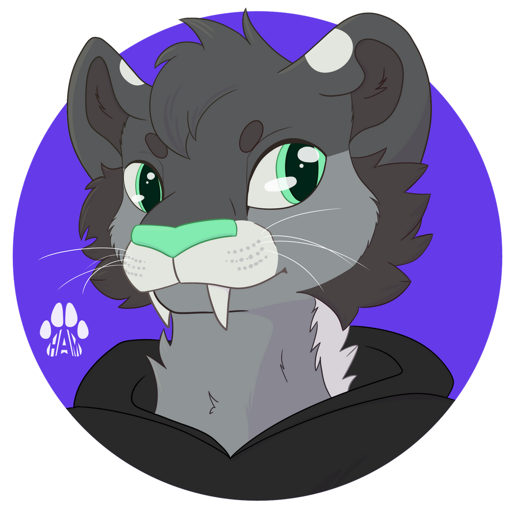 An illustrated icon of a grey saber tooth tiger wearing a black hoodie