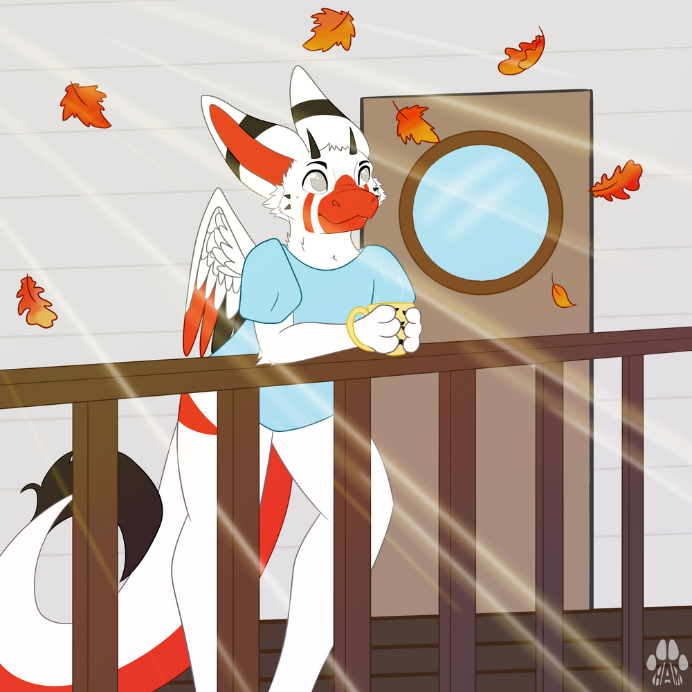 An illustration of a furry standing on a patio drinking a coffee. There are autumn leaves falling through the air.
