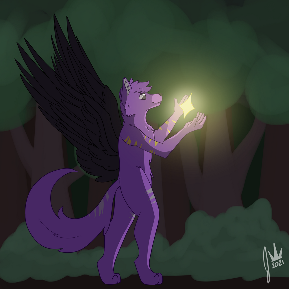 An illustration of a purple wolf with black wings walking through the forest and holding a star between their paws