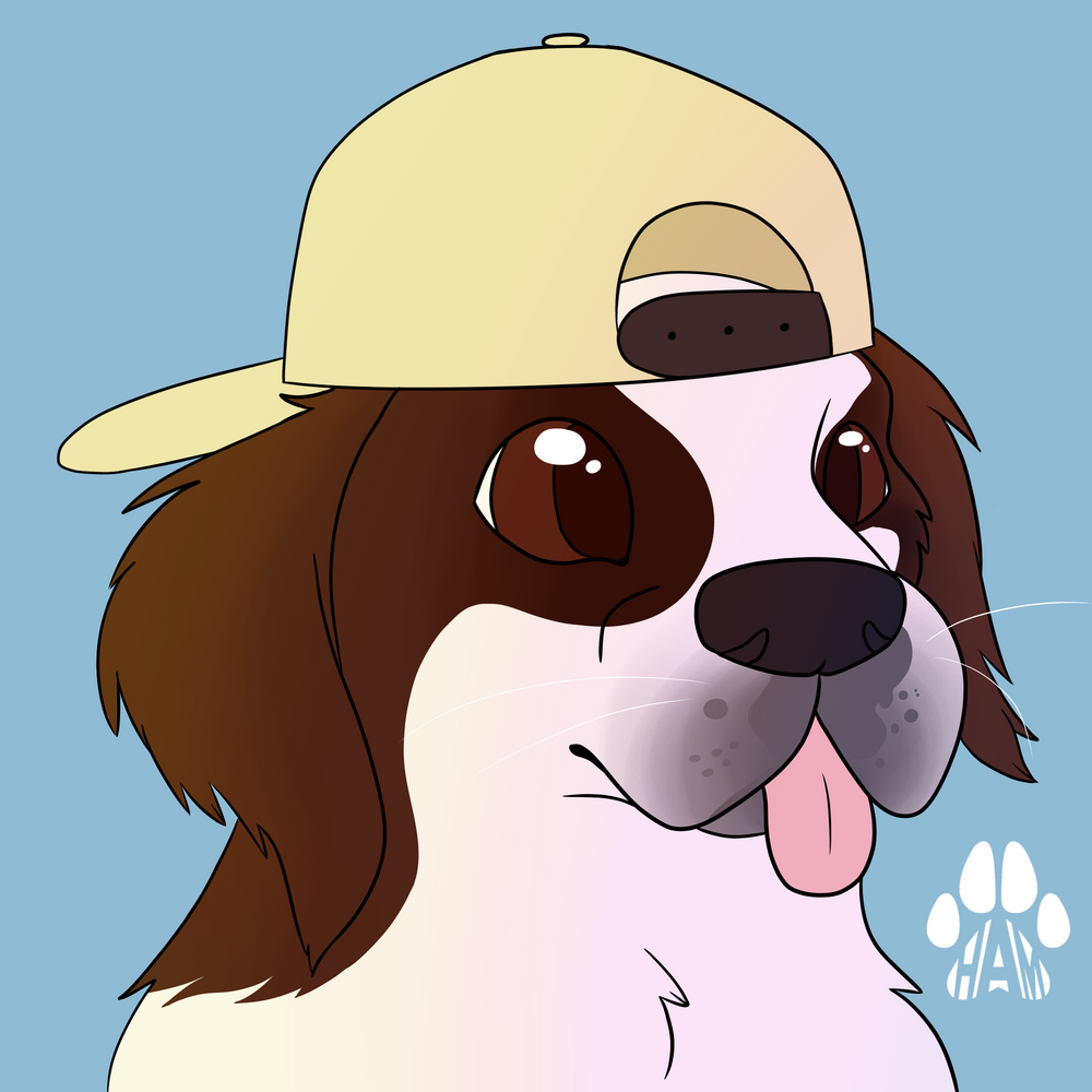 An illustration of a brown and white dog sticking out their tongue with a silly face while wearing a backwards hat