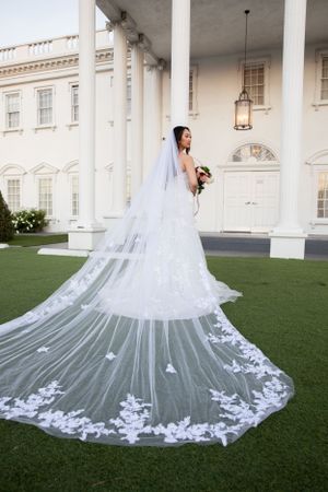 A dramatic cathedral-length lace veil trails behind a wedding dress against a white columned building.