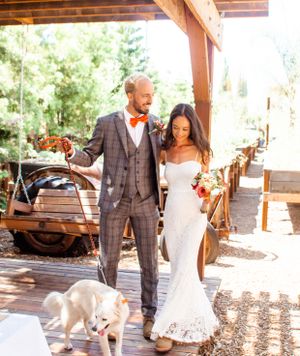 Couple in modern wedding attire walking with white dog on rustic wooden deck.