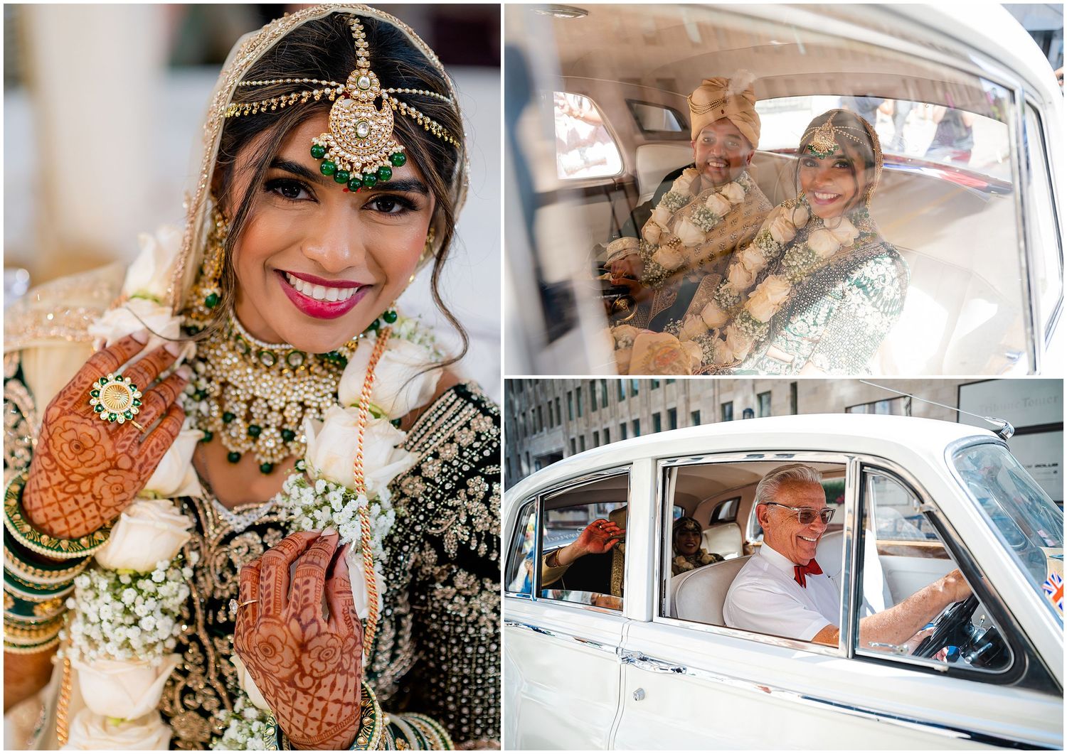 Traditional Indian bridal details including henna decorated hands and vintage car transportation.