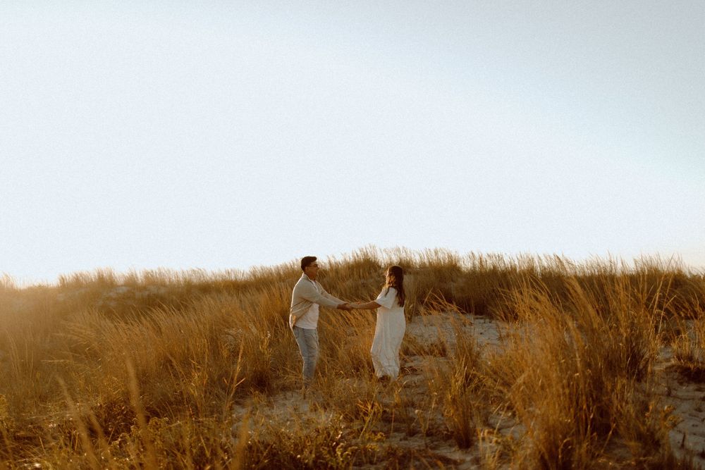 A distant silhouette of a couple standing together in golden grass against a light sky.