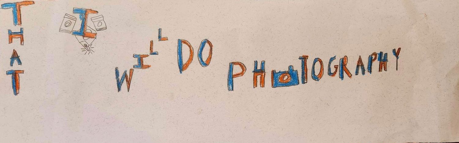 Hand-drawn text reading 'I do photography' with decorative elements on beige paper.