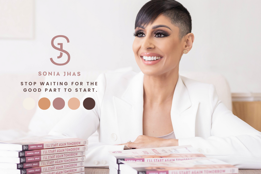 Professional branding photo with books and warm color palette design elements.