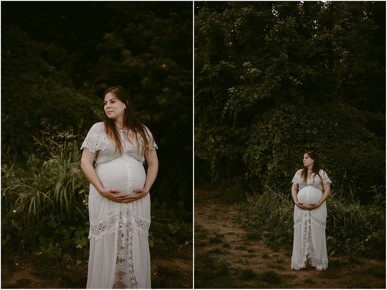Side-by-side maternity portraits showcasing an elegant white lace dress in a forest setting.
