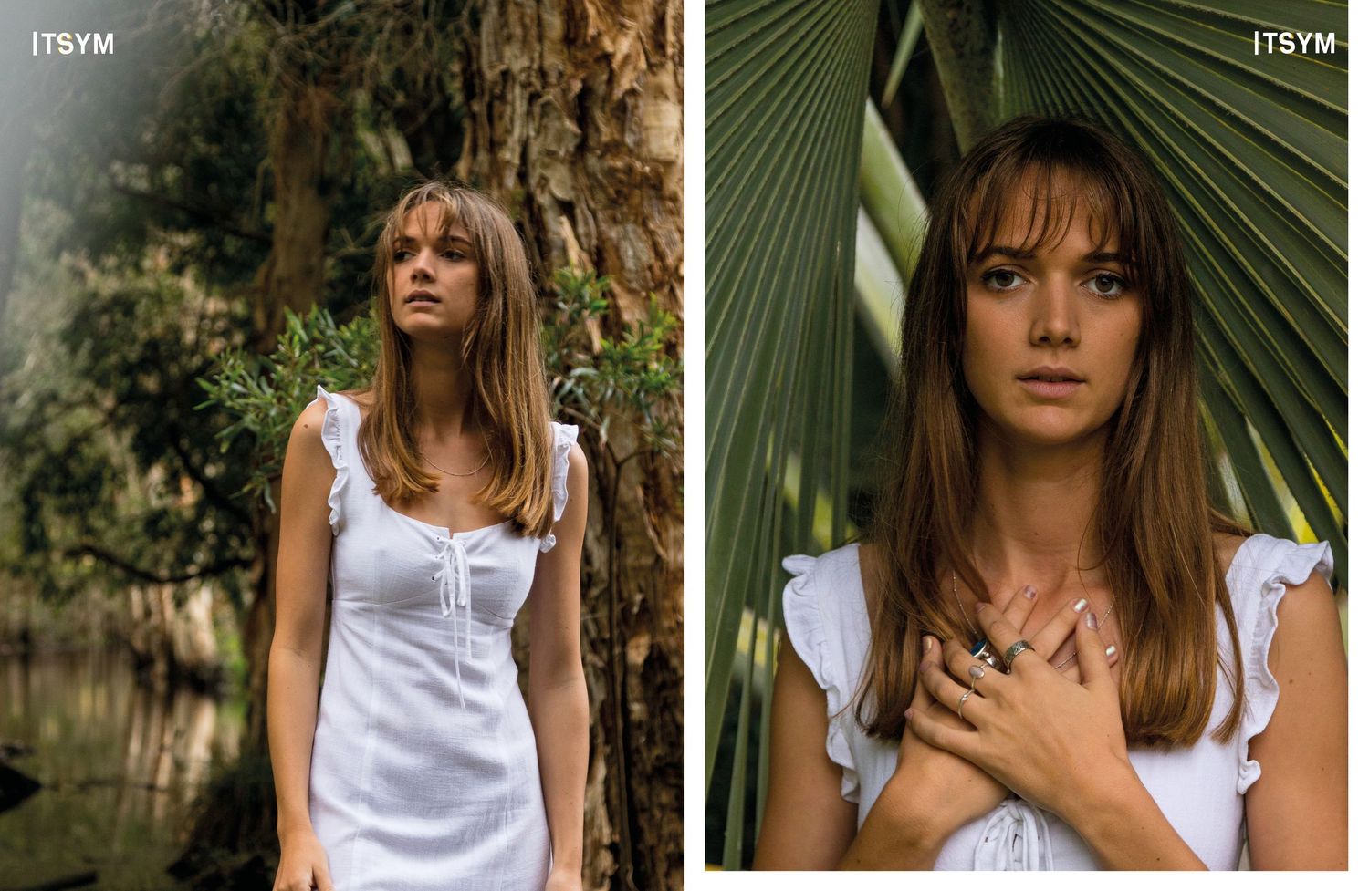 Fashion editorial featuring white summer dress against palm leaves and forest backdrop.