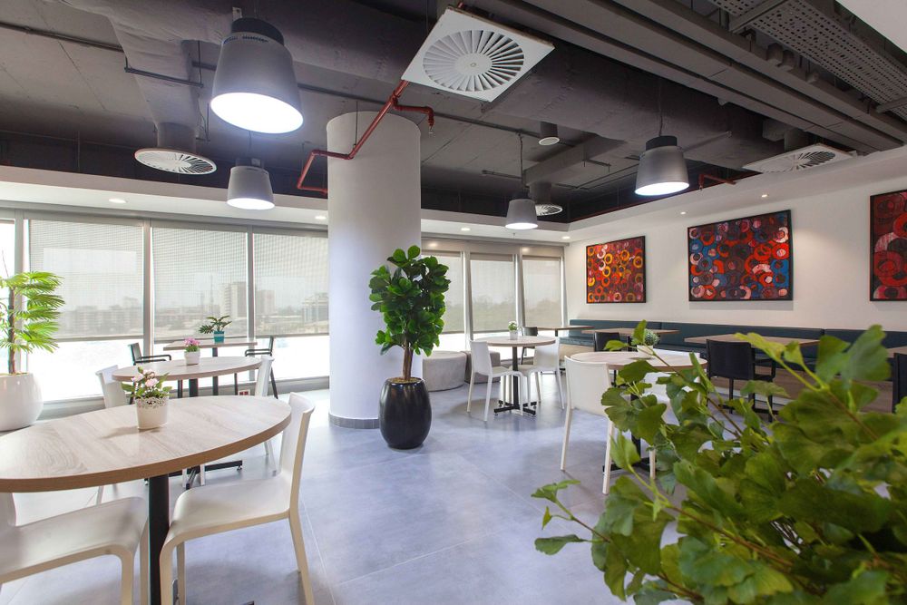 Bright industrial-style workspace with exposed ceiling, round lighting fixtures and indoor plants.