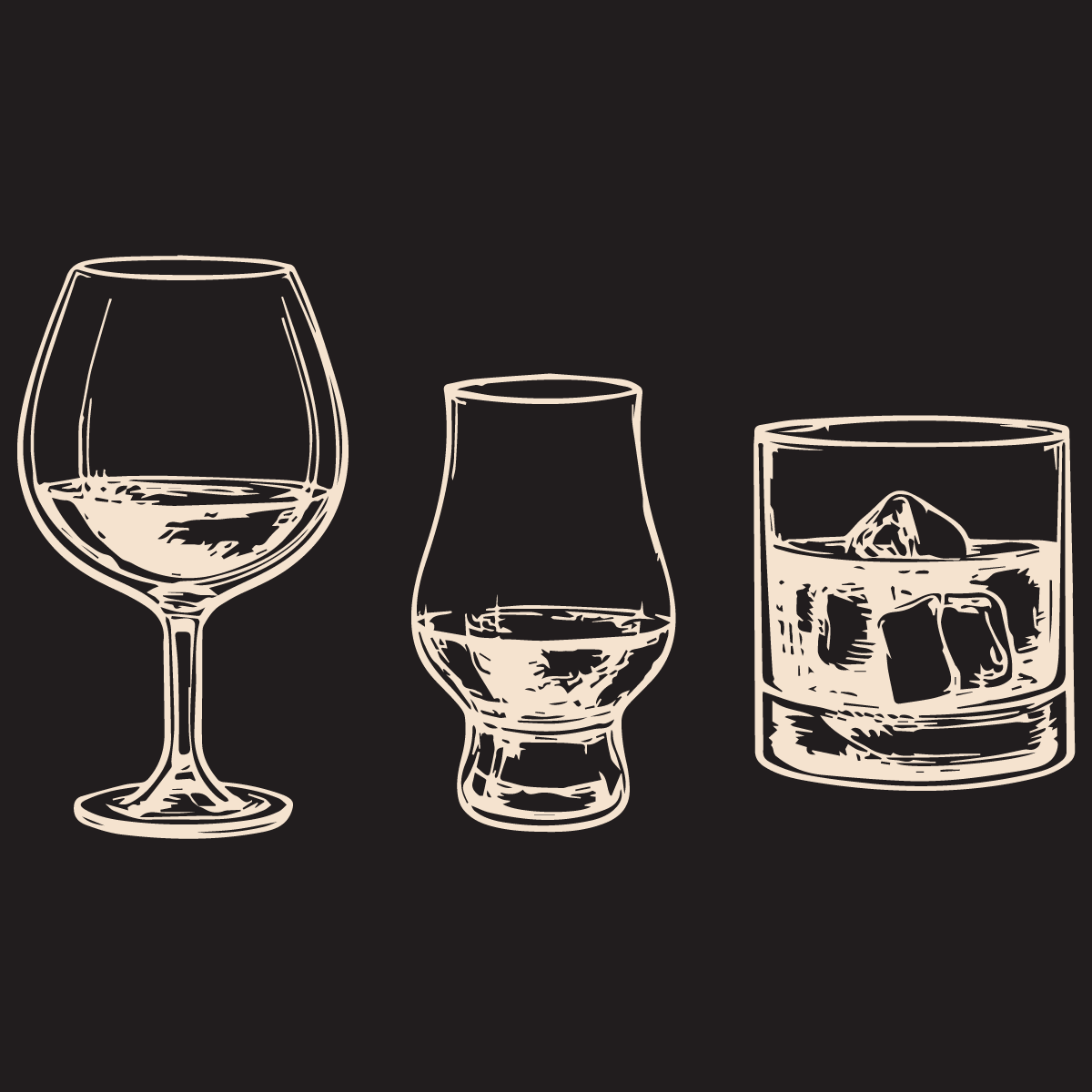 Simple line art illustration of three different types of bar glassware on black background.