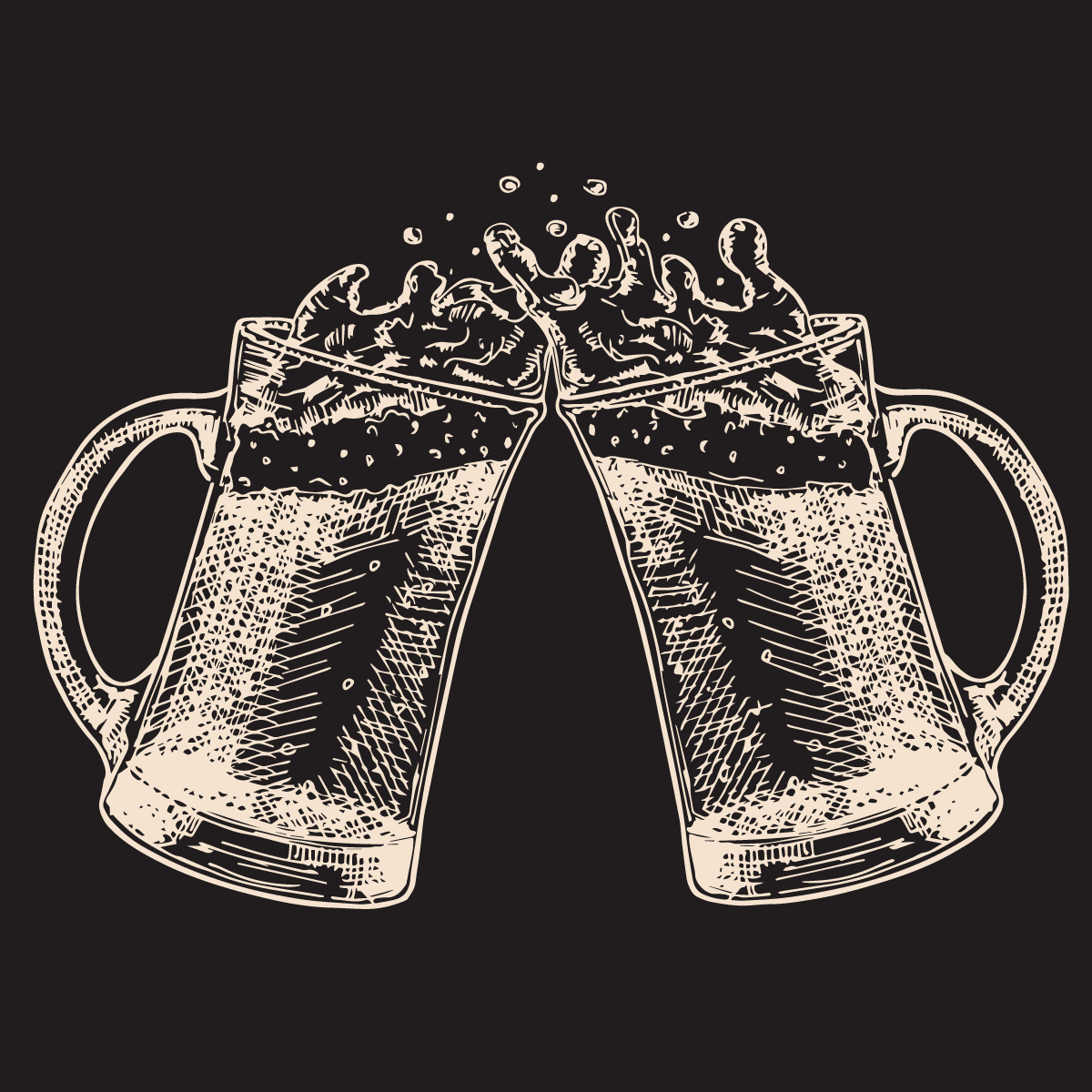 Black and white illustration of two beer mugs clinking together with foam splashing.