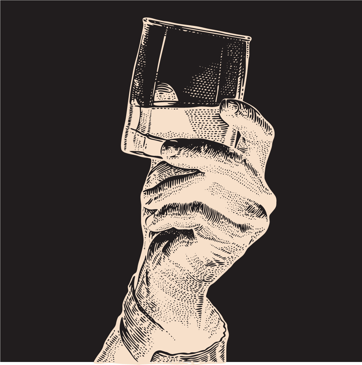 Artistic sketch of a hand holding a glass of spirits in black and white.