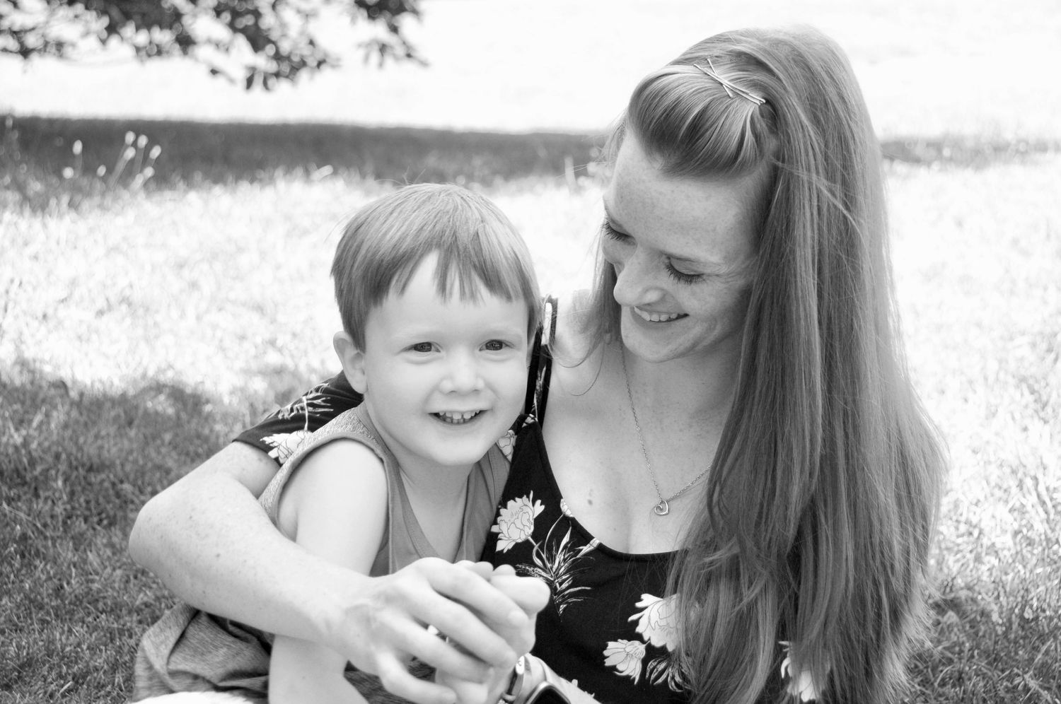 black and white photo of mother and son