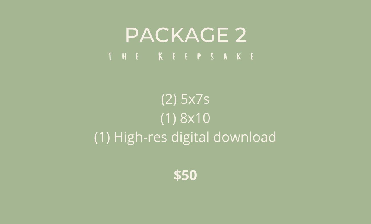 Photography package details showing price and print sizes for Package 2 on sage green background.