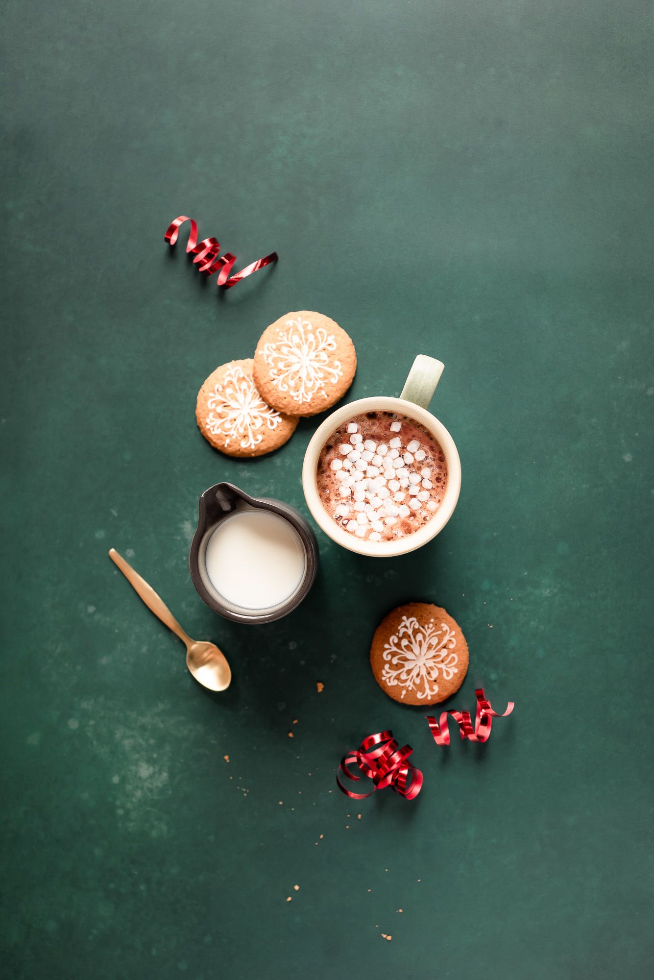 flatlay stock photo of coffee, milk and ginger biscuits, festive themed, stock photos for food bloggers