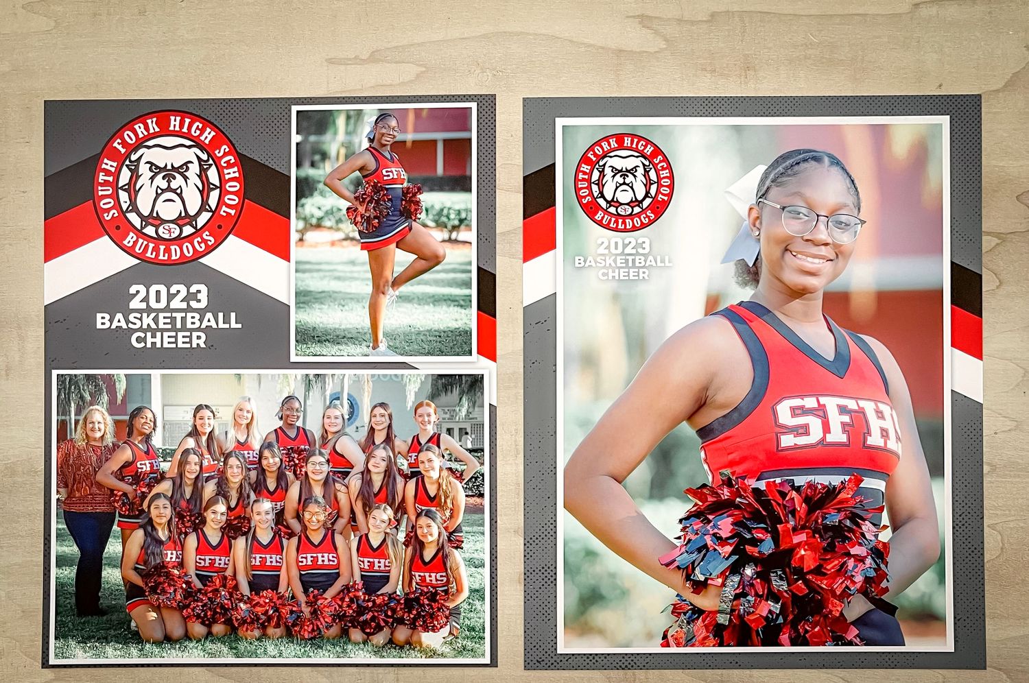 South Fork High School basketball cheer memory mate with cheerleader portrait and team photo