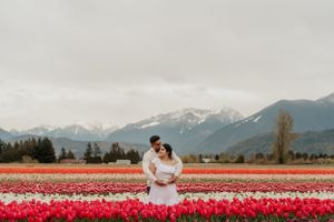 Romantic portrait in tulip field with snow-capped mountains in background.