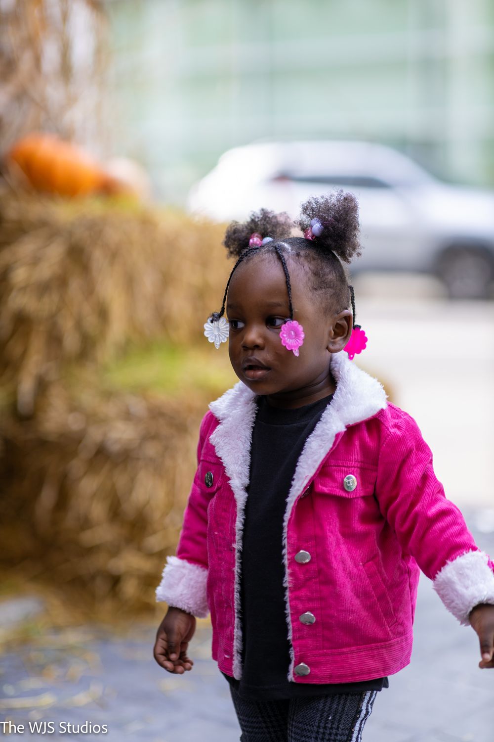 little girl in pink jacket with barrettes in her hair walking