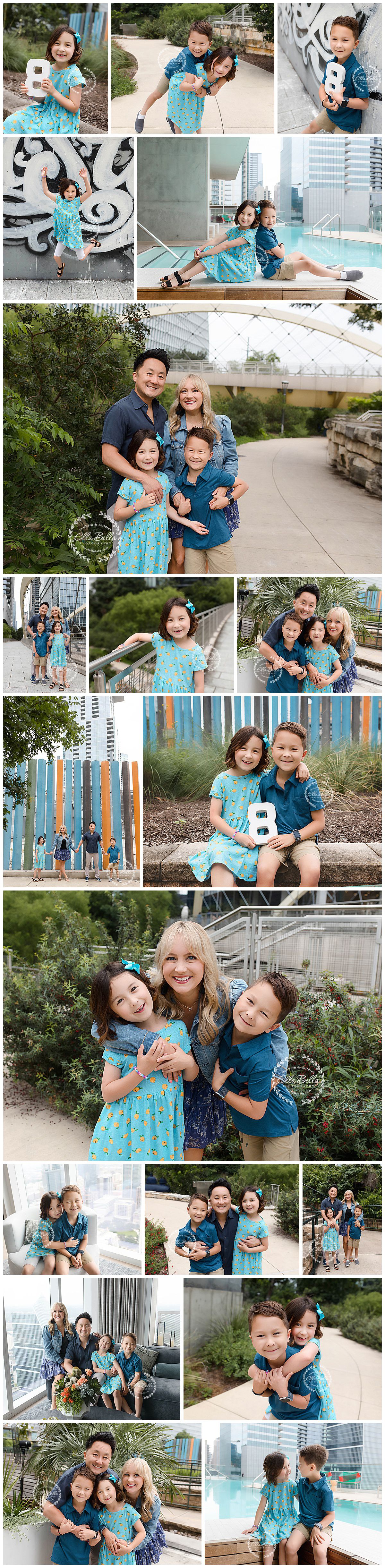 Urban family photoshoot featuring playful moments in coordinating blue and teal outfits.