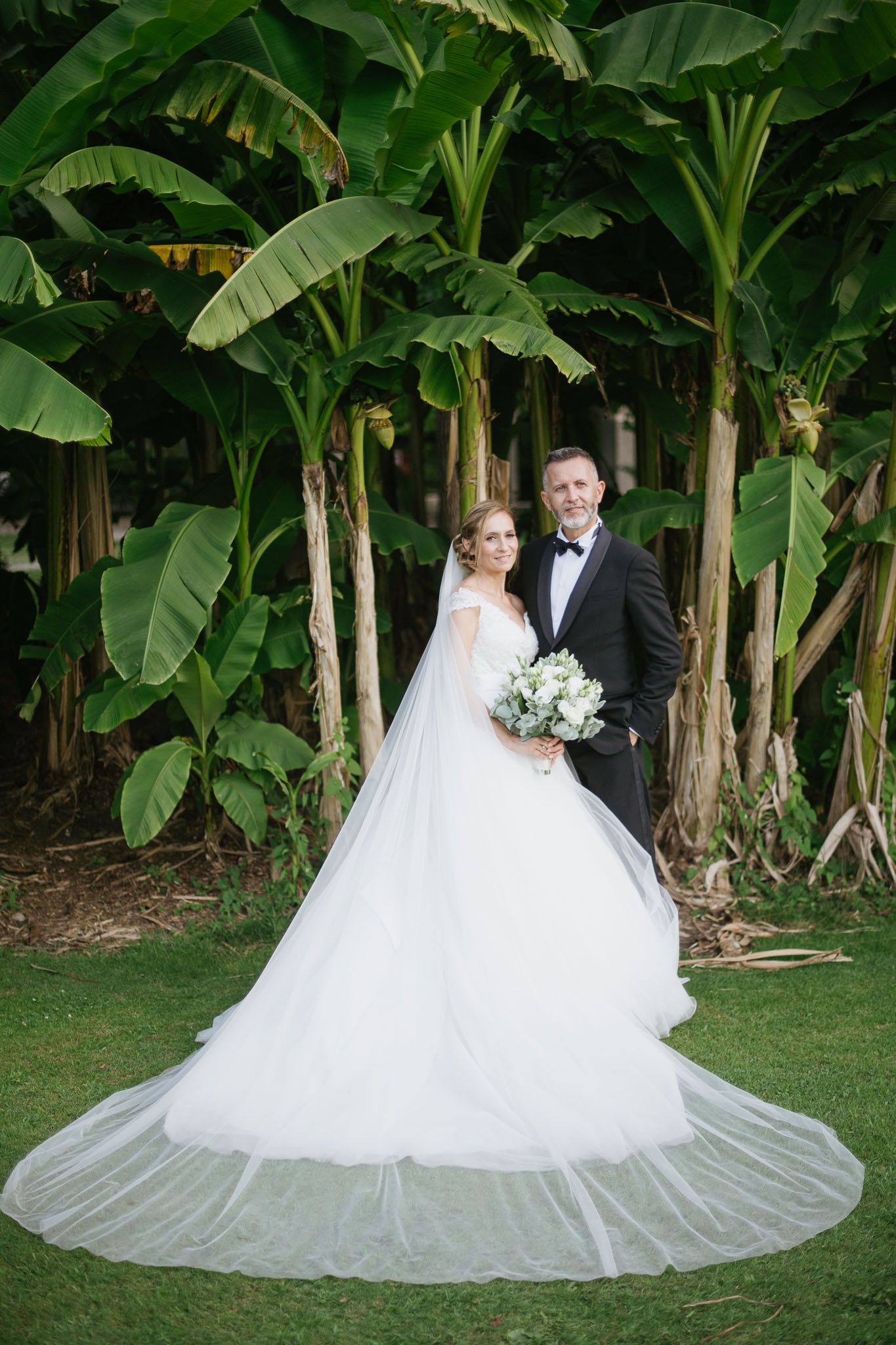 A wedding portrait of a couple surrounded by tall banana trees, with the bride's dress featuring a long train.