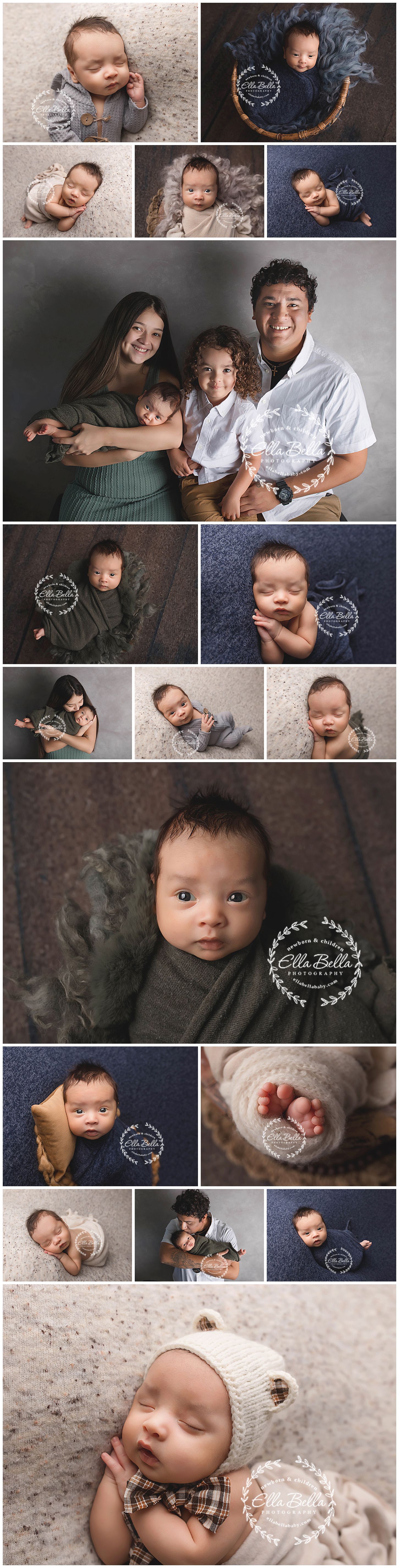Professional newborn and family photography session collage with studio lighting and props.